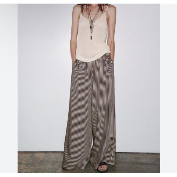 Zara Lightweight Striped Wide Leg Pull On Pants Navy Tan Sz XS Casual Flowy - Picture 1 of 7